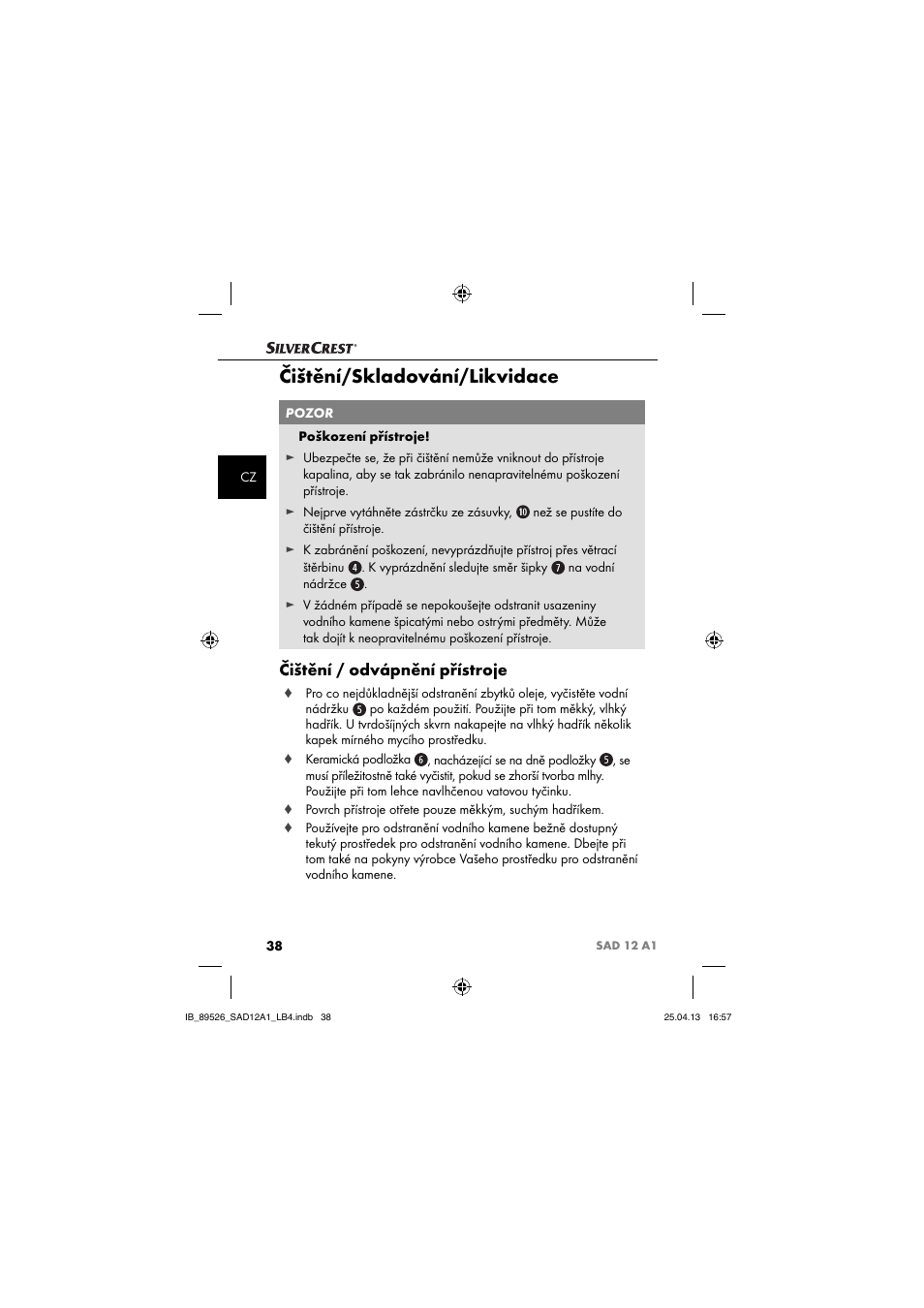 Čištění/skladování/likvidace, Čištění / odvápnění přístroje | Silvercrest SAD 12 A1 User Manual | Page 41 / 74