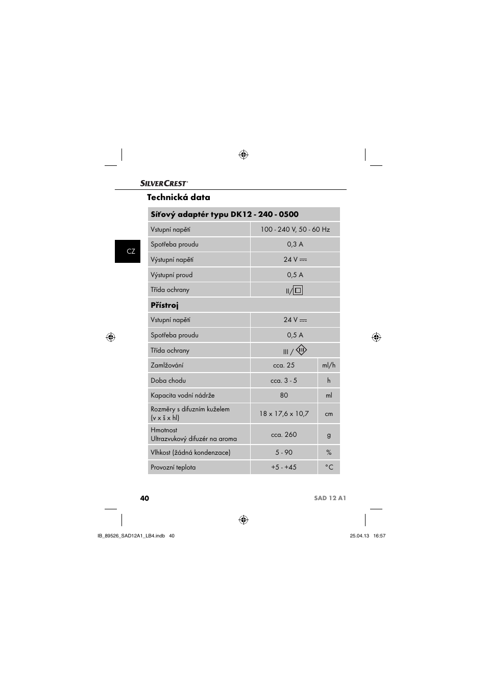 Technická data, Přístroj | Silvercrest SAD 12 A1 User Manual | Page 43 / 74