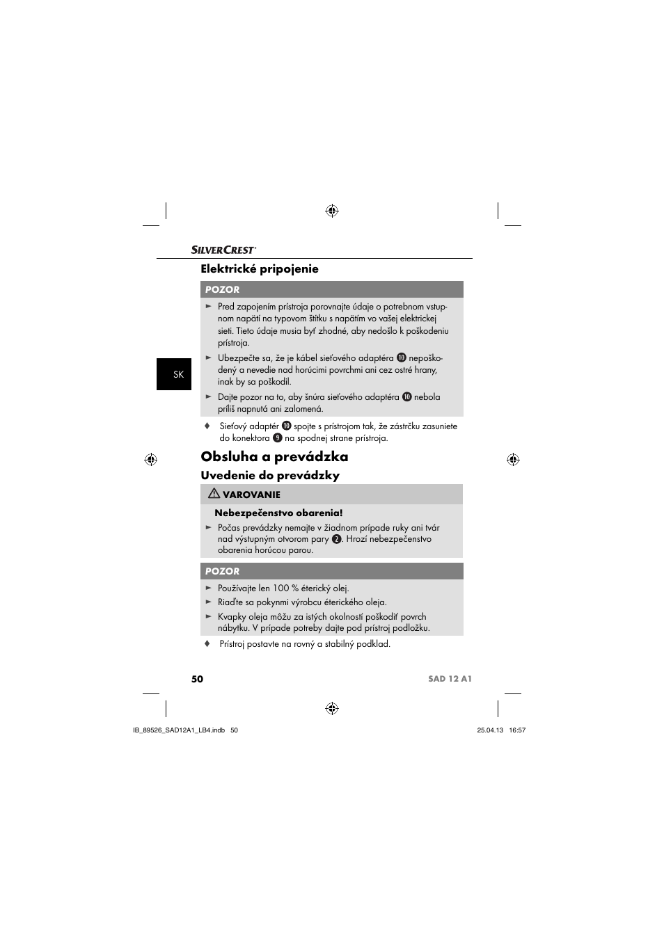 Obsluha a prevádzka, Elektrické pripojenie, Uvedenie do prevádzky | Silvercrest SAD 12 A1 User Manual | Page 53 / 74