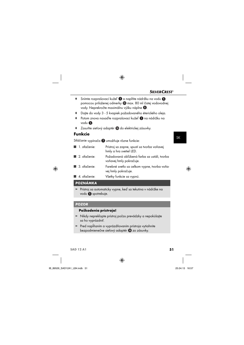 Funkcie | Silvercrest SAD 12 A1 User Manual | Page 54 / 74