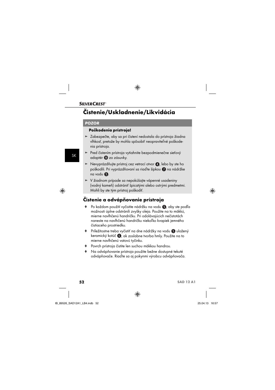 Čistenie/uskladnenie/likvidácia, Čistenie a odvápňovanie prístroja | Silvercrest SAD 12 A1 User Manual | Page 55 / 74