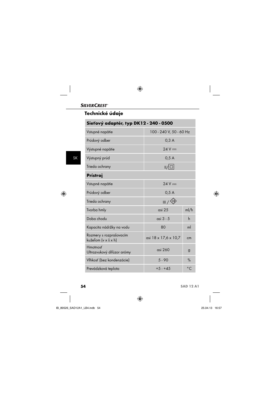 Technické údaje, Prístroj | Silvercrest SAD 12 A1 User Manual | Page 57 / 74