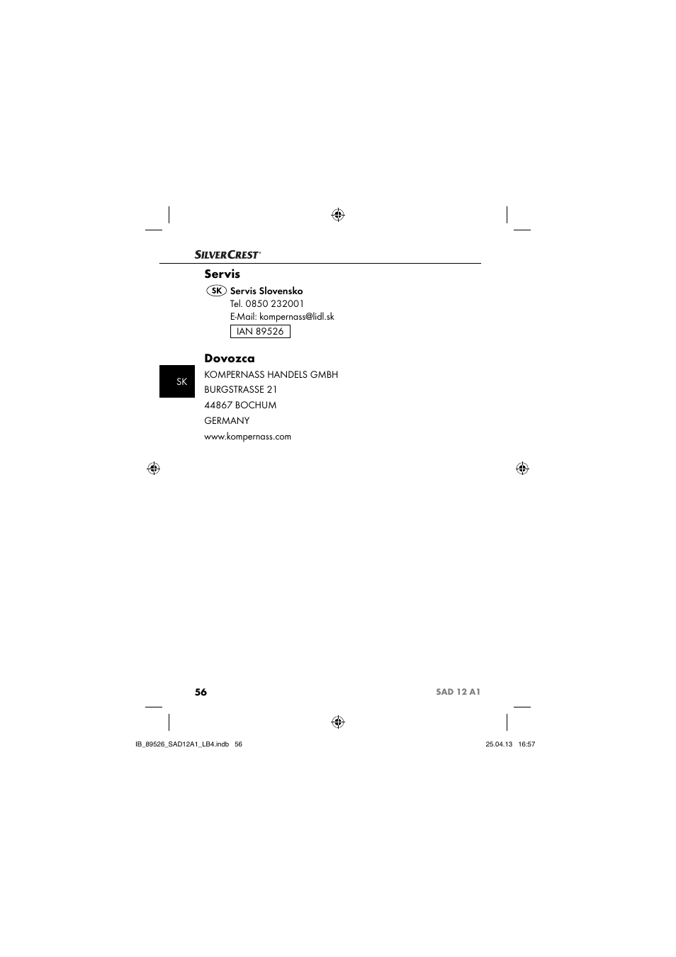 Servis, Dovozca | Silvercrest SAD 12 A1 User Manual | Page 59 / 74