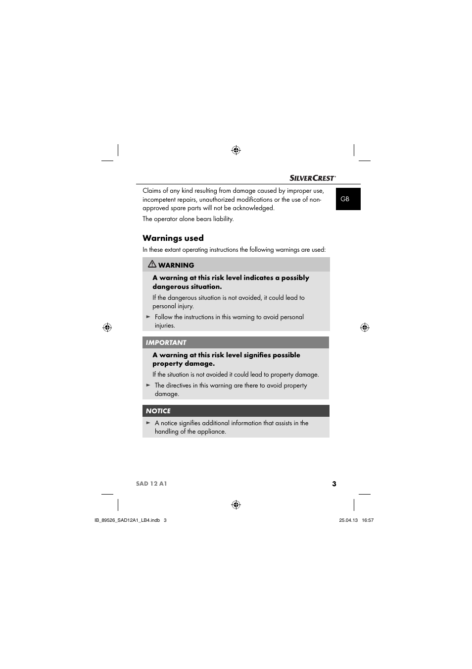 Warnings used | Silvercrest SAD 12 A1 User Manual | Page 6 / 74