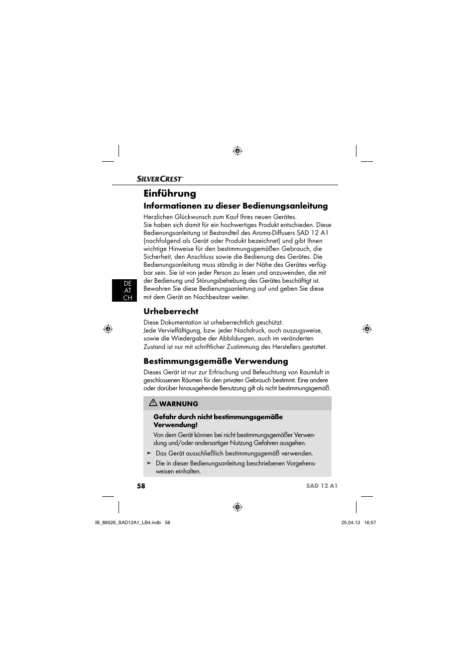 Einführung, Informationen zu dieser bedienungsanleitung, Urheberrecht | Bestimmungsgemäße verwendung | Silvercrest SAD 12 A1 User Manual | Page 61 / 74