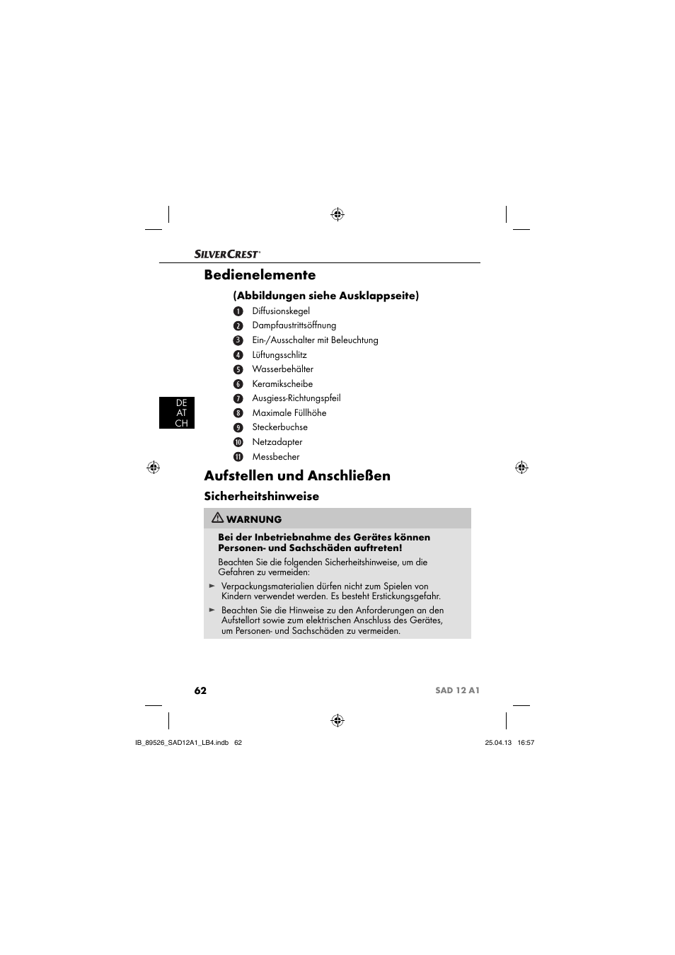 Bedienelemente, Aufstellen und anschließen, Sicherheitshinweise | Silvercrest SAD 12 A1 User Manual | Page 65 / 74