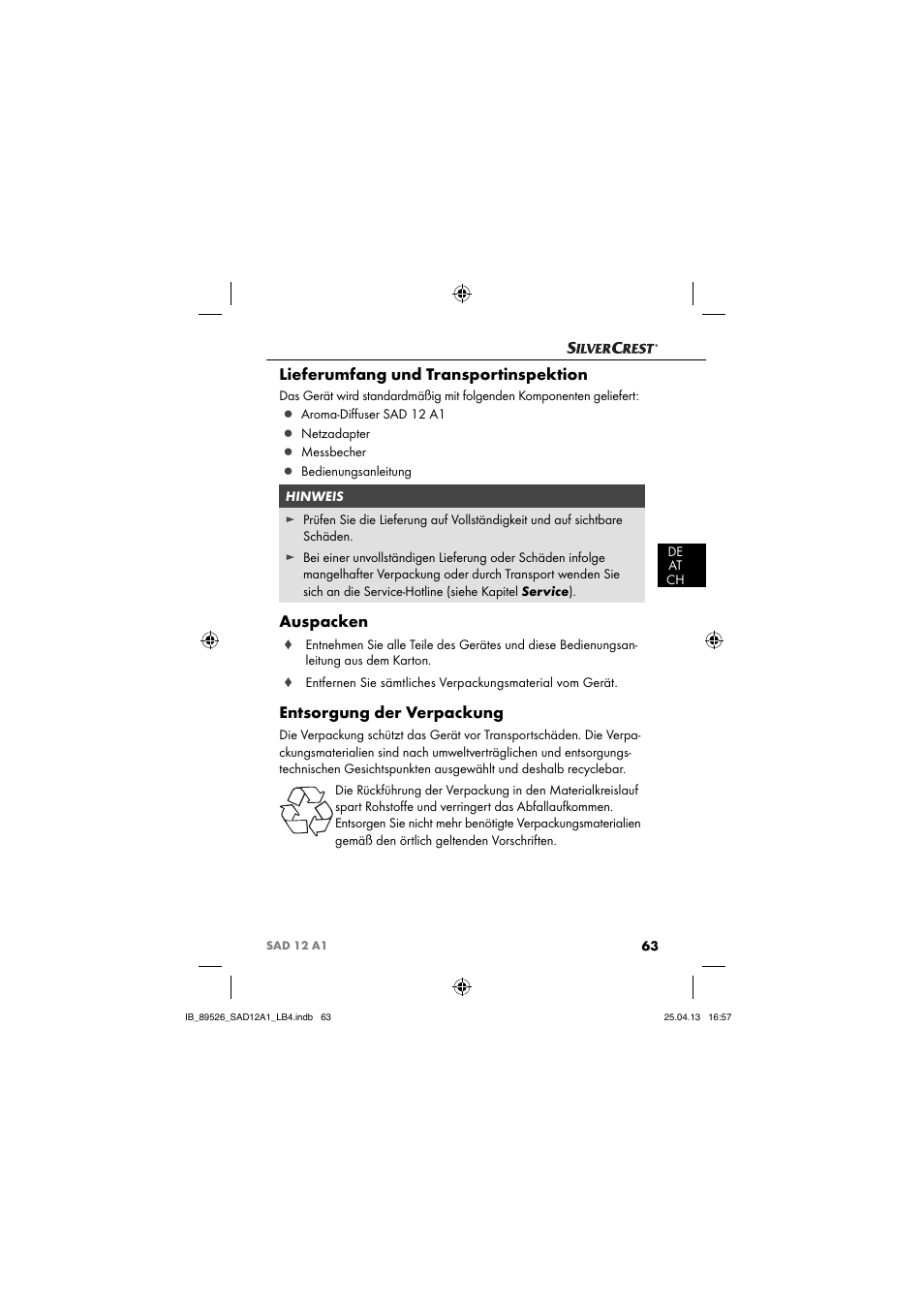 Lieferumfang und transportinspektion, Auspacken, Entsorgung der verpackung | Silvercrest SAD 12 A1 User Manual | Page 66 / 74