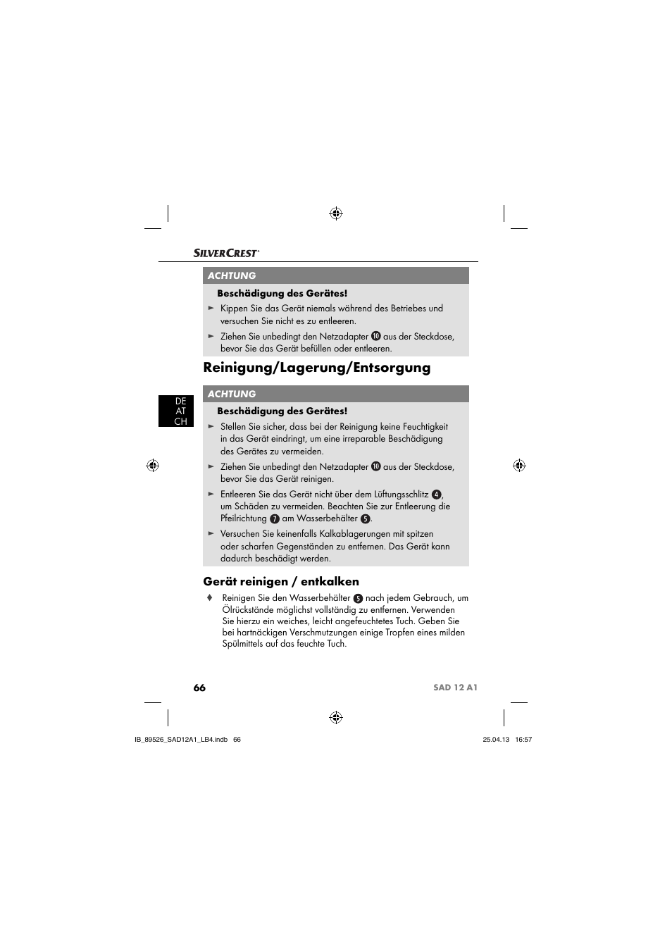 Reinigung/lagerung/entsorgung, Gerät reinigen / entkalken | Silvercrest SAD 12 A1 User Manual | Page 69 / 74