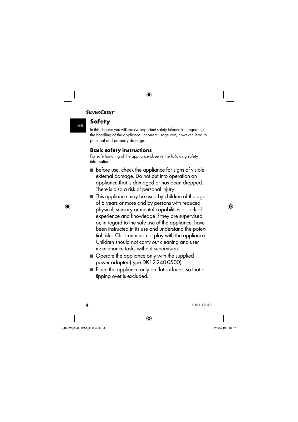 Safety, Basic safety instructions | Silvercrest SAD 12 A1 User Manual | Page 7 / 74