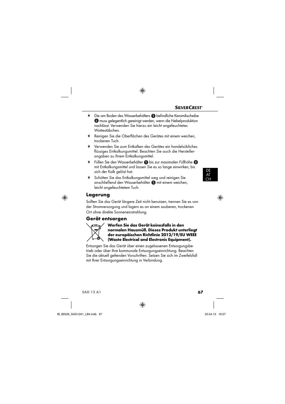 Lagerung, Gerät entsorgen | Silvercrest SAD 12 A1 User Manual | Page 70 / 74