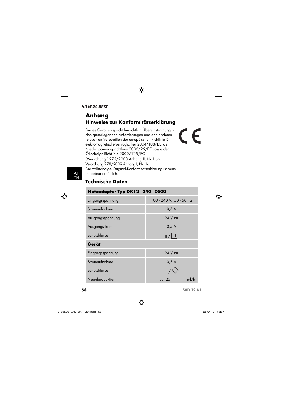 Anhang, Hinweise zur konformitätserklärung, Technische daten | Silvercrest SAD 12 A1 User Manual | Page 71 / 74