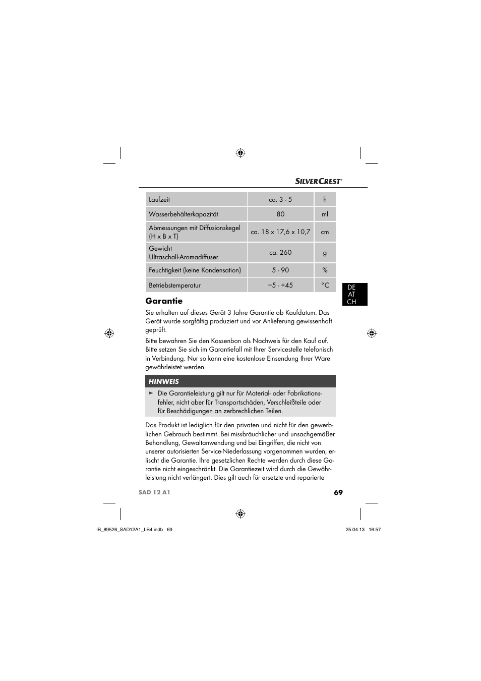 Garantie | Silvercrest SAD 12 A1 User Manual | Page 72 / 74