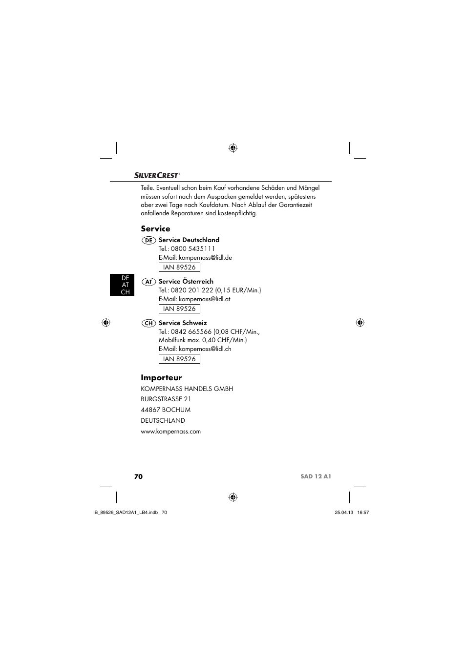 Service, Importeur | Silvercrest SAD 12 A1 User Manual | Page 73 / 74