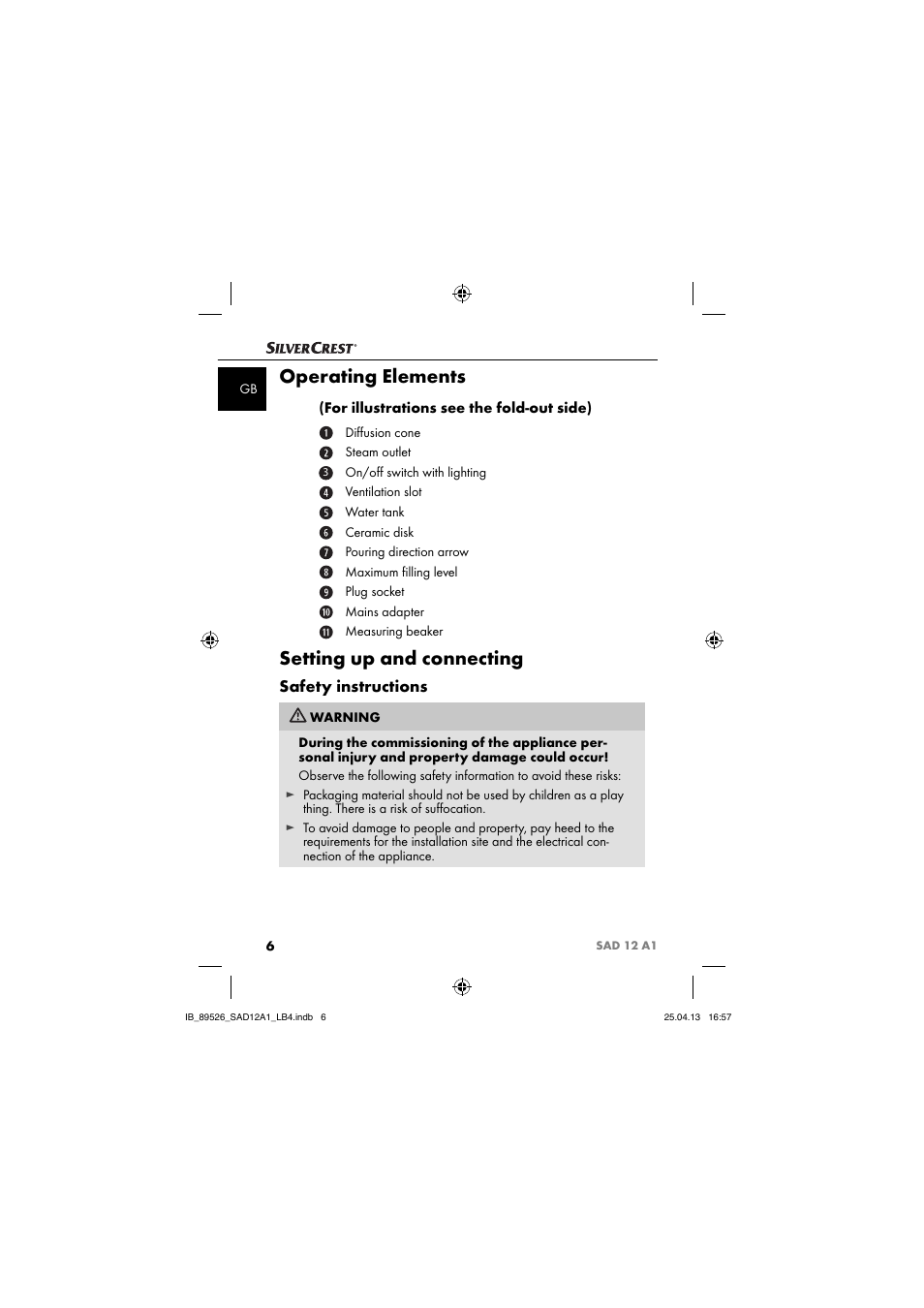 Operating elements, Setting up and connecting, Safety instructions | Silvercrest SAD 12 A1 User Manual | Page 9 / 74