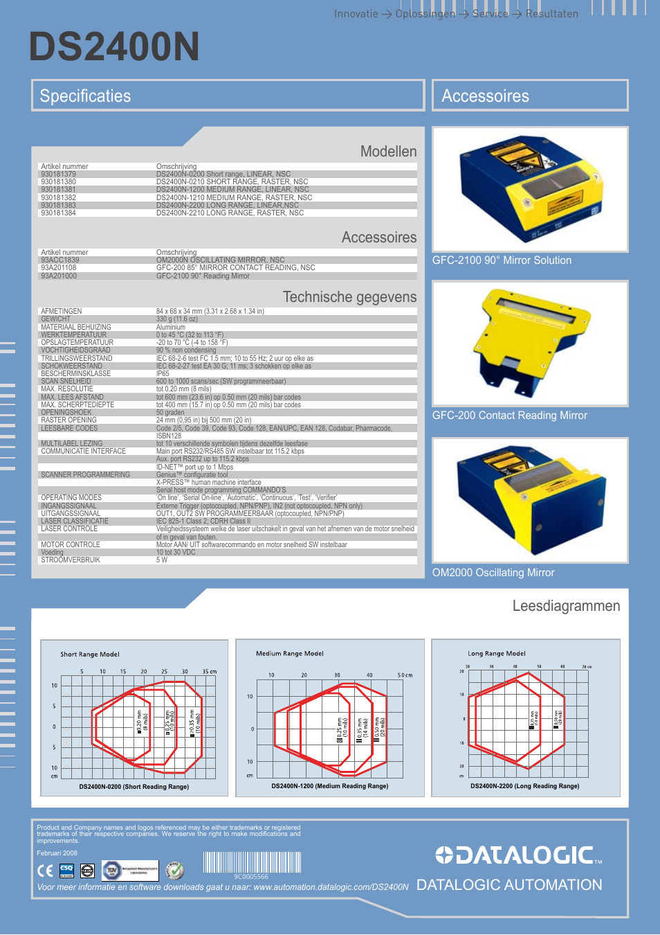 Ds2400n, Accessoires specificaties, Modellen accessoires technische gegevens | Leesdiagrammen, Datalogic automation, Innovatie > oplossingen > service > resultaten | Datalogic Scanning DS2400N User Manual | Page 2 / 2