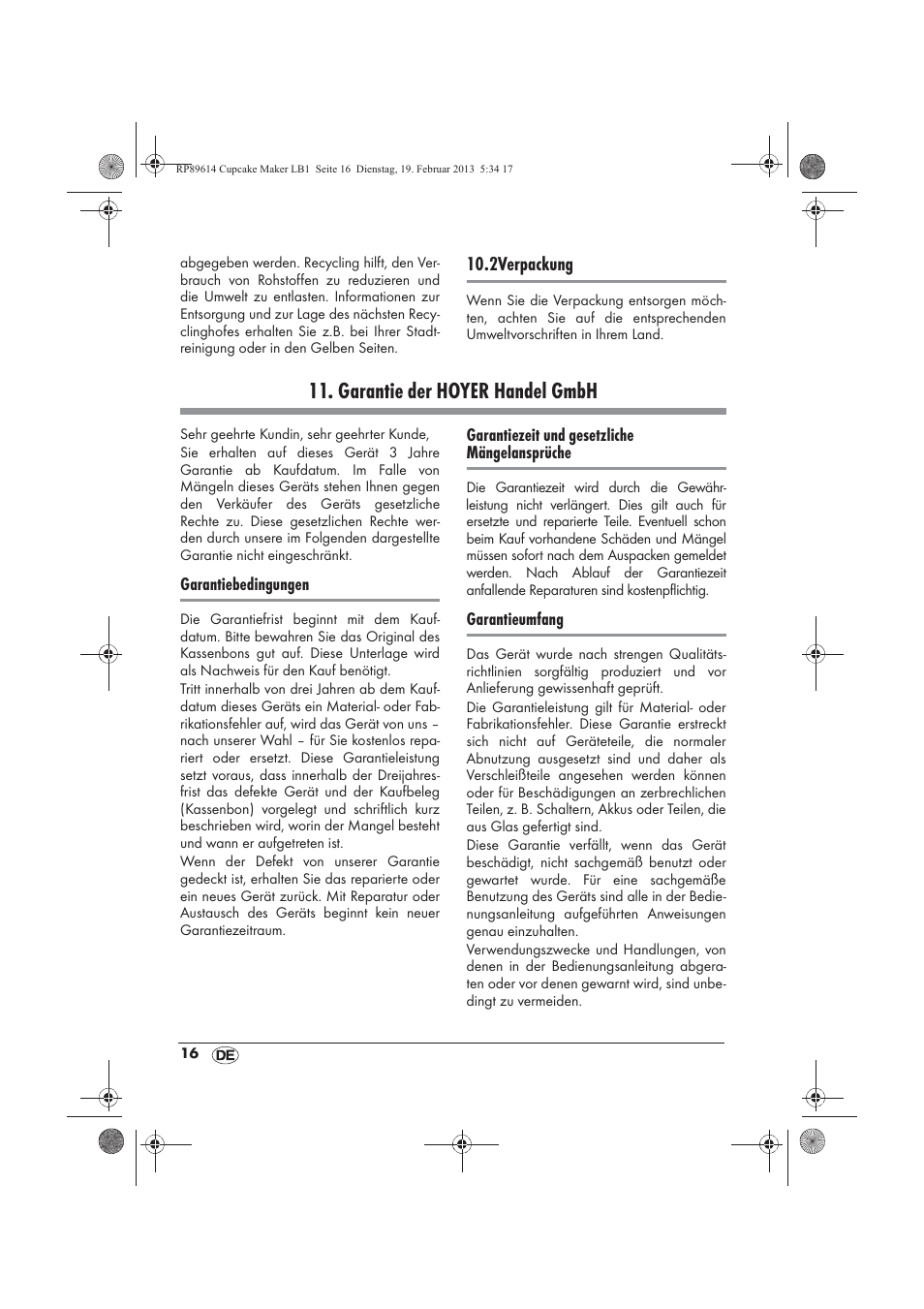 Garantie der hoyer handel gmbh | Silvercrest SCCM 800 A1 User Manual | Page 18 / 78