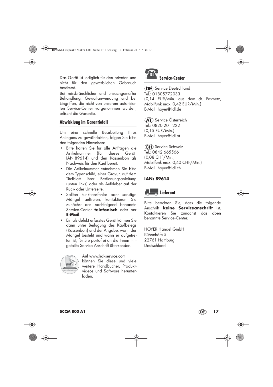 Abwicklung im garantiefall, Service-center, Lieferant | Silvercrest SCCM 800 A1 User Manual | Page 19 / 78