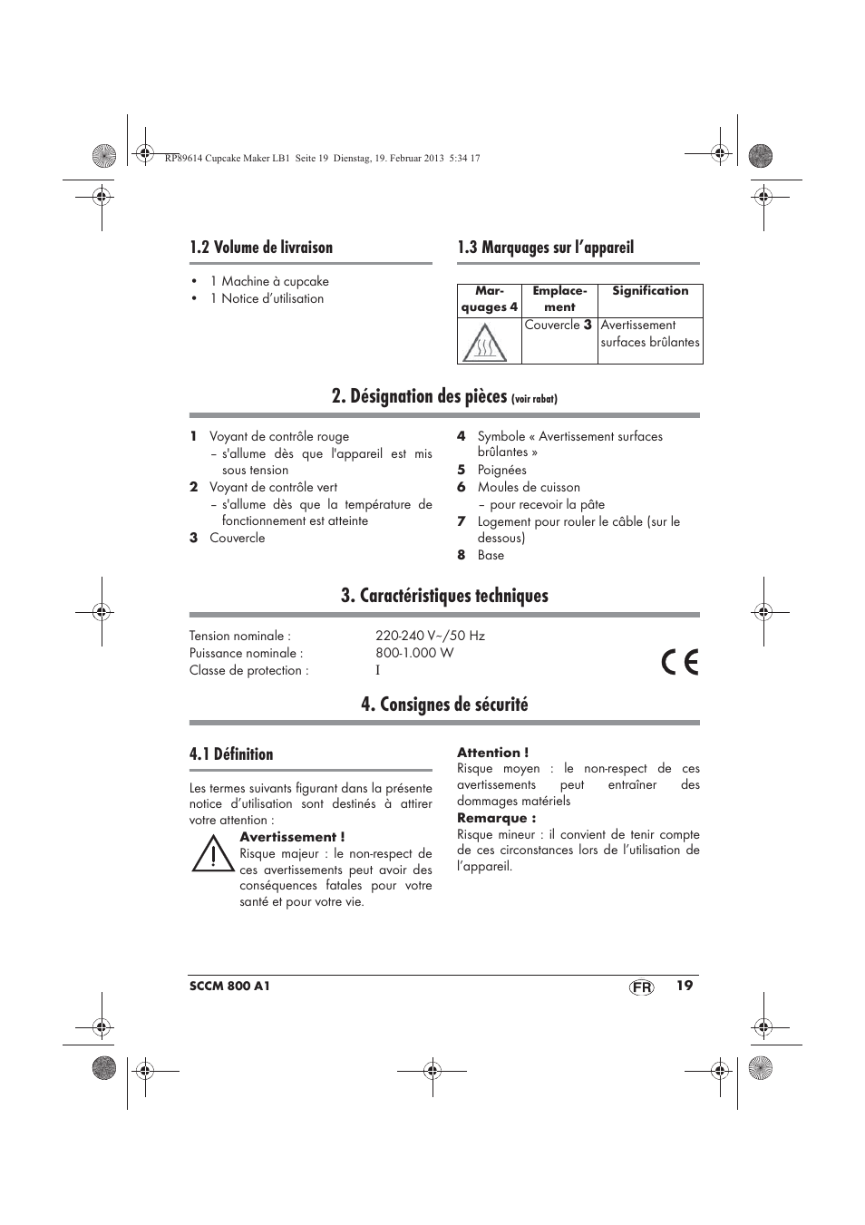 Désignation des pièces, Caractéristiques techniques, Consignes de sécurité | 2 volume de livraison, 3 marquages sur l’appareil, 1 définition | Silvercrest SCCM 800 A1 User Manual | Page 21 / 78