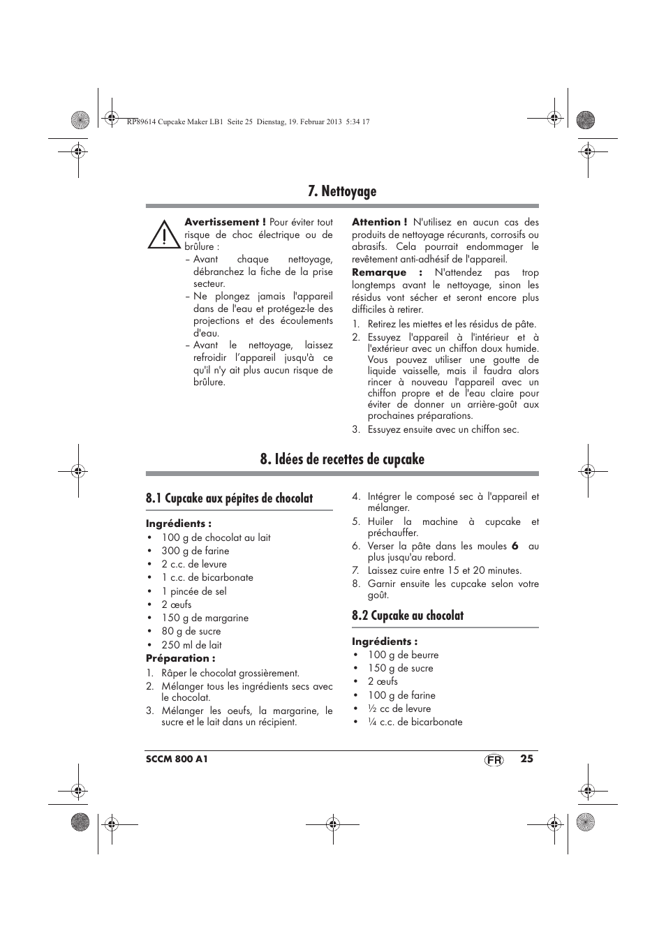 Nettoyage, Idées de recettes de cupcake, 1 cupcake aux pépites de chocolat | 2 cupcake au chocolat | Silvercrest SCCM 800 A1 User Manual | Page 27 / 78