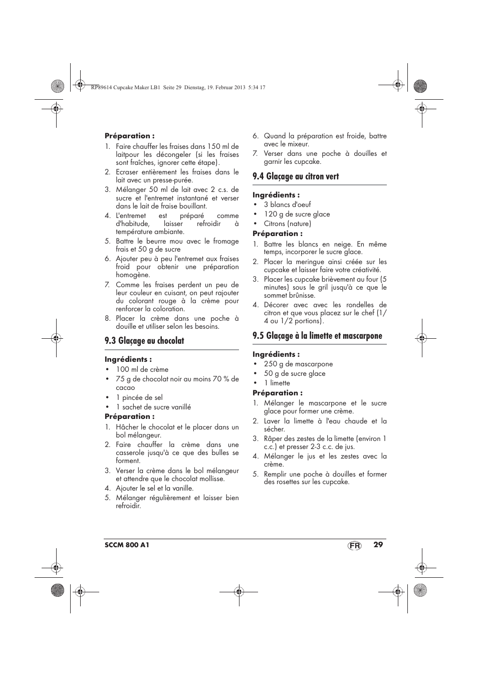 3 glaçage au chocolat, 4 glaçage au citron vert, 5 glaçage à la limette et mascarpone | Silvercrest SCCM 800 A1 User Manual | Page 31 / 78