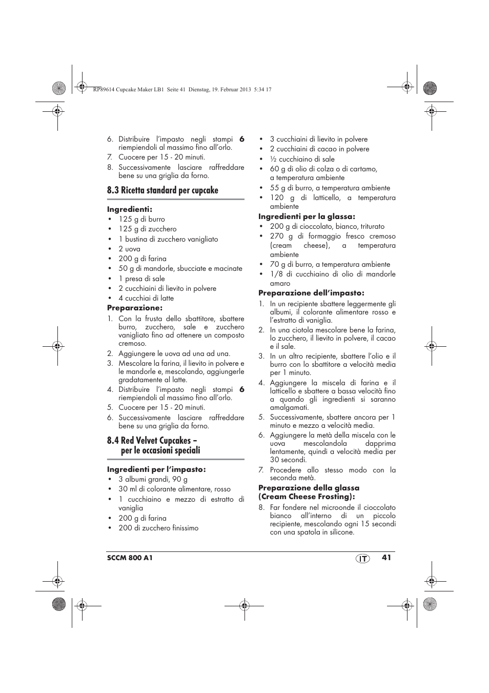 3 ricetta standard per cupcake, 4 red velvet cupcakes – per le occasioni speciali | Silvercrest SCCM 800 A1 User Manual | Page 43 / 78