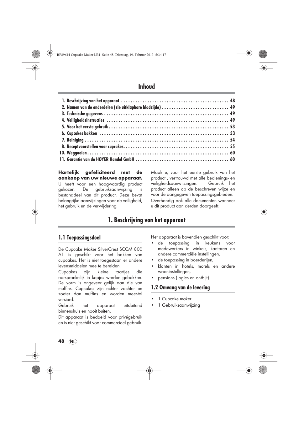 Inhoud, Beschrijving van het apparaat | Silvercrest SCCM 800 A1 User Manual | Page 50 / 78