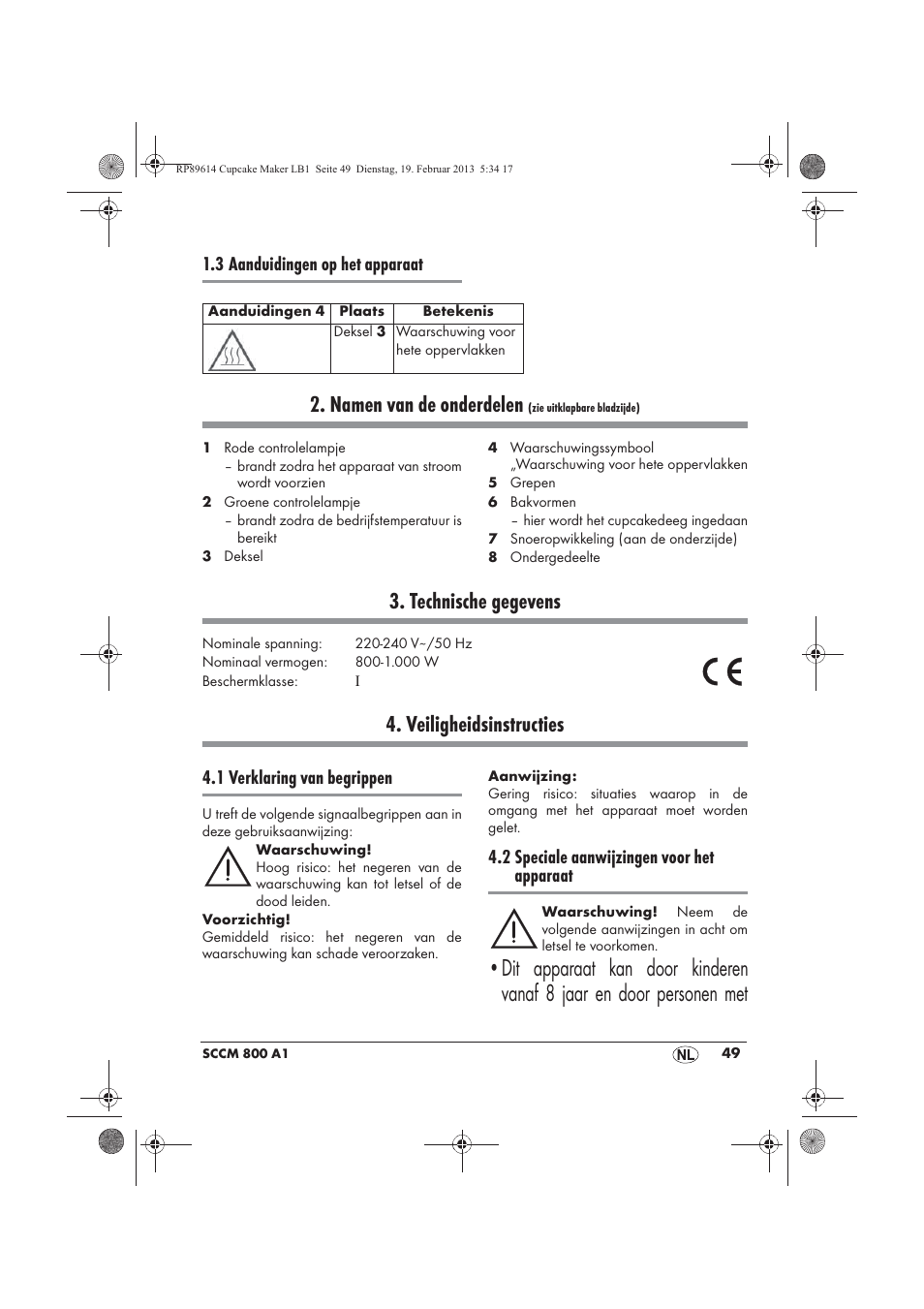 Namen van de onderdelen, Technische gegevens, Veiligheidsinstructies | 3 aanduidingen op het apparaat, 1 verklaring van begrippen, 2 speciale aanwijzingen voor het apparaat | Silvercrest SCCM 800 A1 User Manual | Page 51 / 78