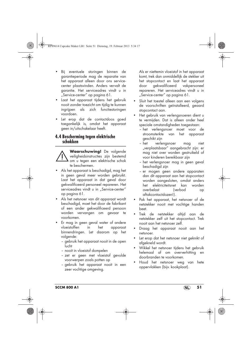 4 bescherming tegen elektrische schokken | Silvercrest SCCM 800 A1 User Manual | Page 53 / 78