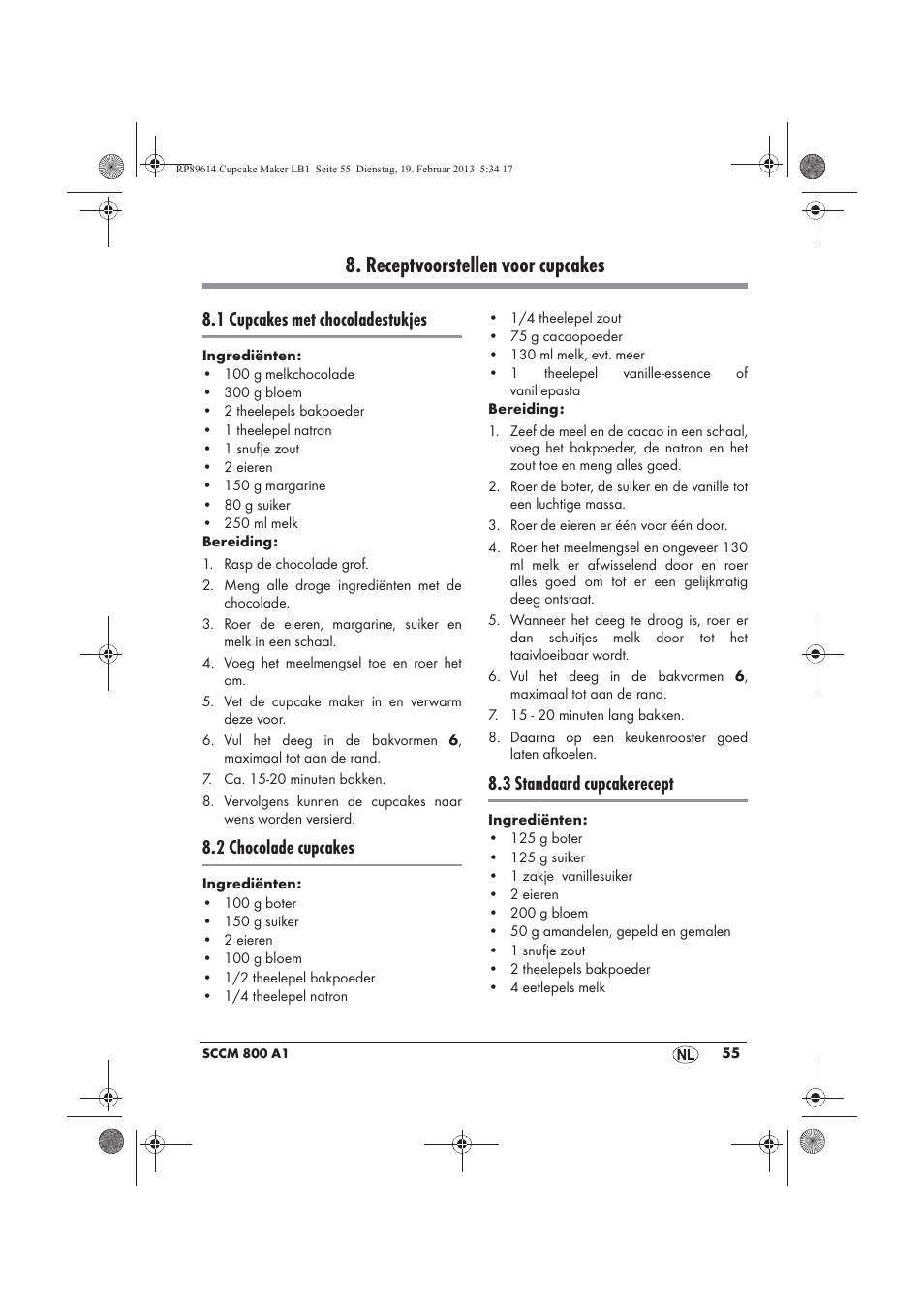 Receptvoorstellen voor cupcakes, 1 cupcakes met chocoladestukjes, 2 chocolade cupcakes | 3 standaard cupcakerecept | Silvercrest SCCM 800 A1 User Manual | Page 57 / 78