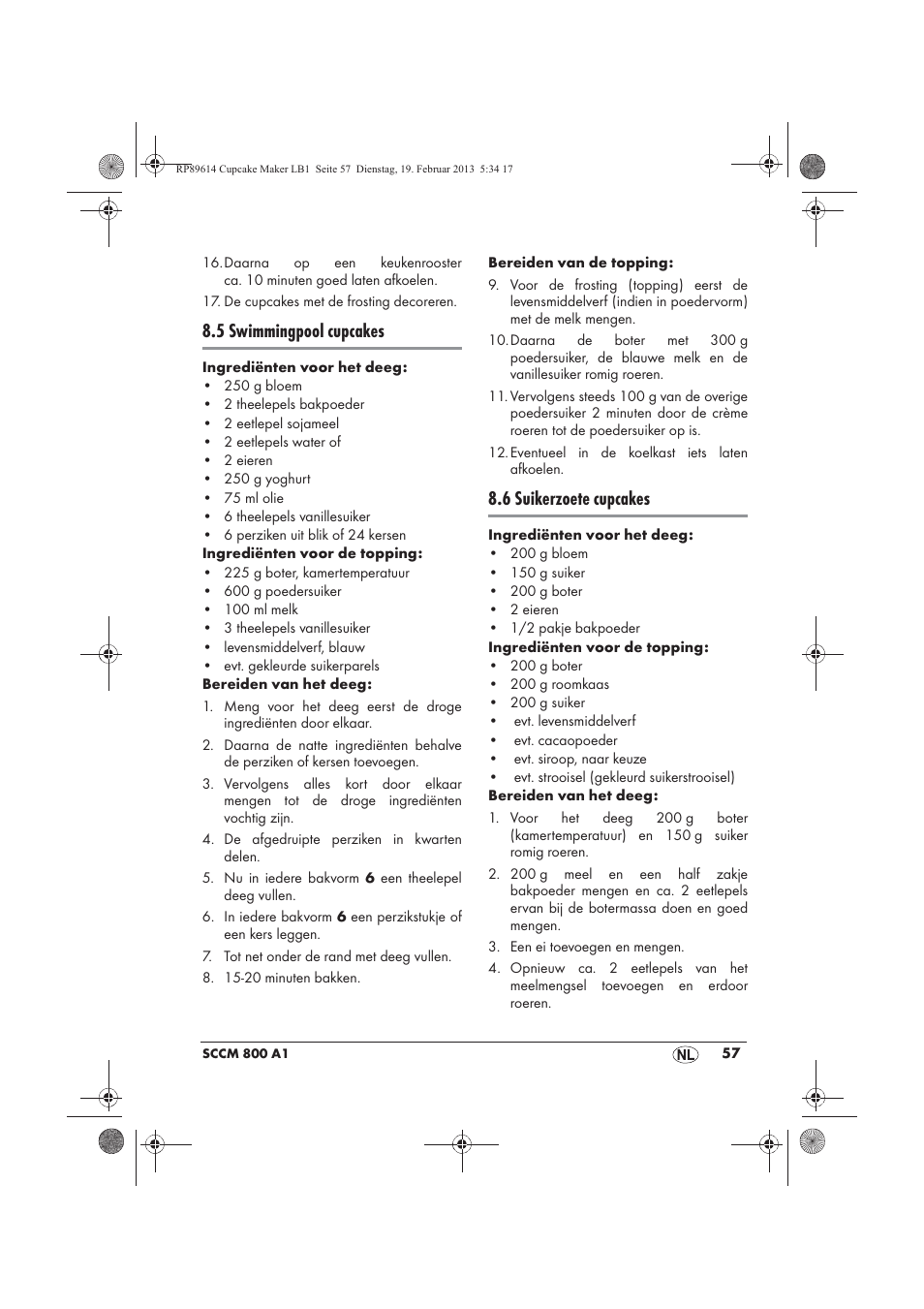 5 swimmingpool cupcakes, 6 suikerzoete cupcakes | Silvercrest SCCM 800 A1 User Manual | Page 59 / 78