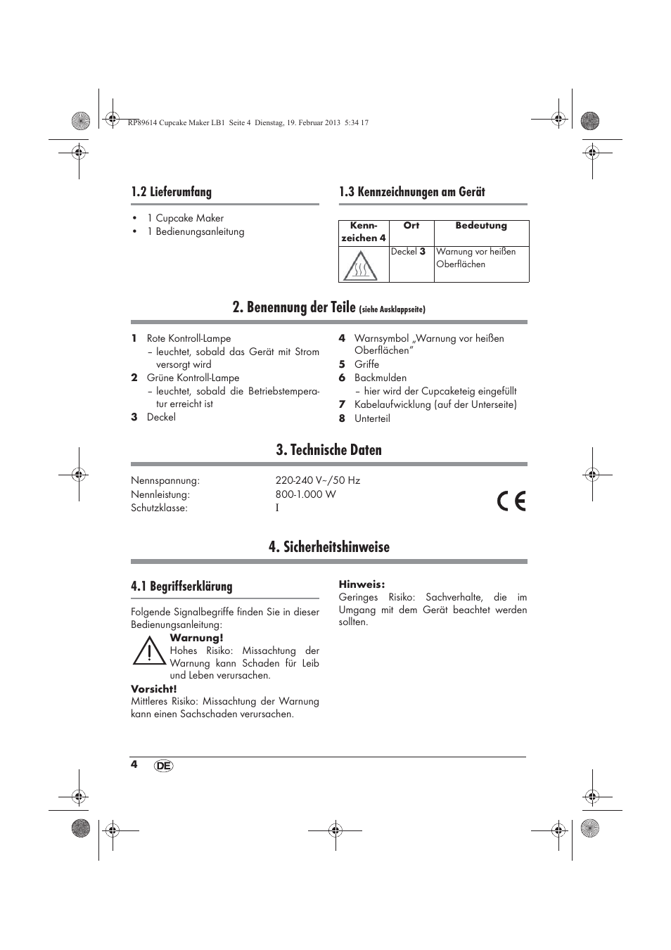 Benennung der teile, Technische daten, Sicherheitshinweise | 2 lieferumfang, 3 kennzeichnungen am gerät, 1 begriffserklärung | Silvercrest SCCM 800 A1 User Manual | Page 6 / 78