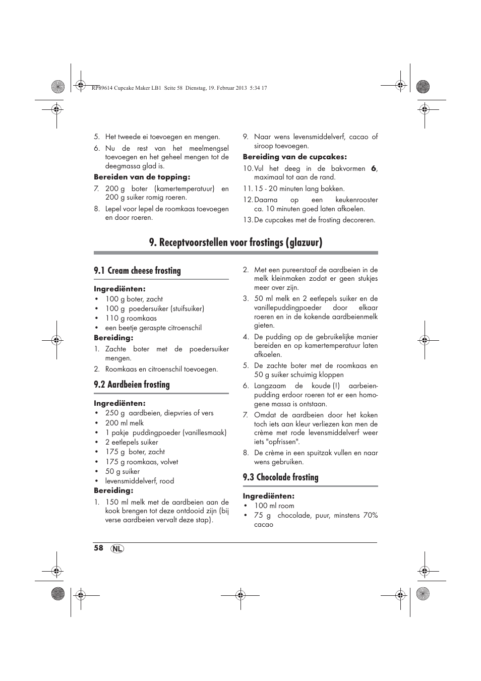Receptvoorstellen voor frostings (glazuur), 1 cream cheese frosting, 2 aardbeien frosting | 3 chocolade frosting | Silvercrest SCCM 800 A1 User Manual | Page 60 / 78