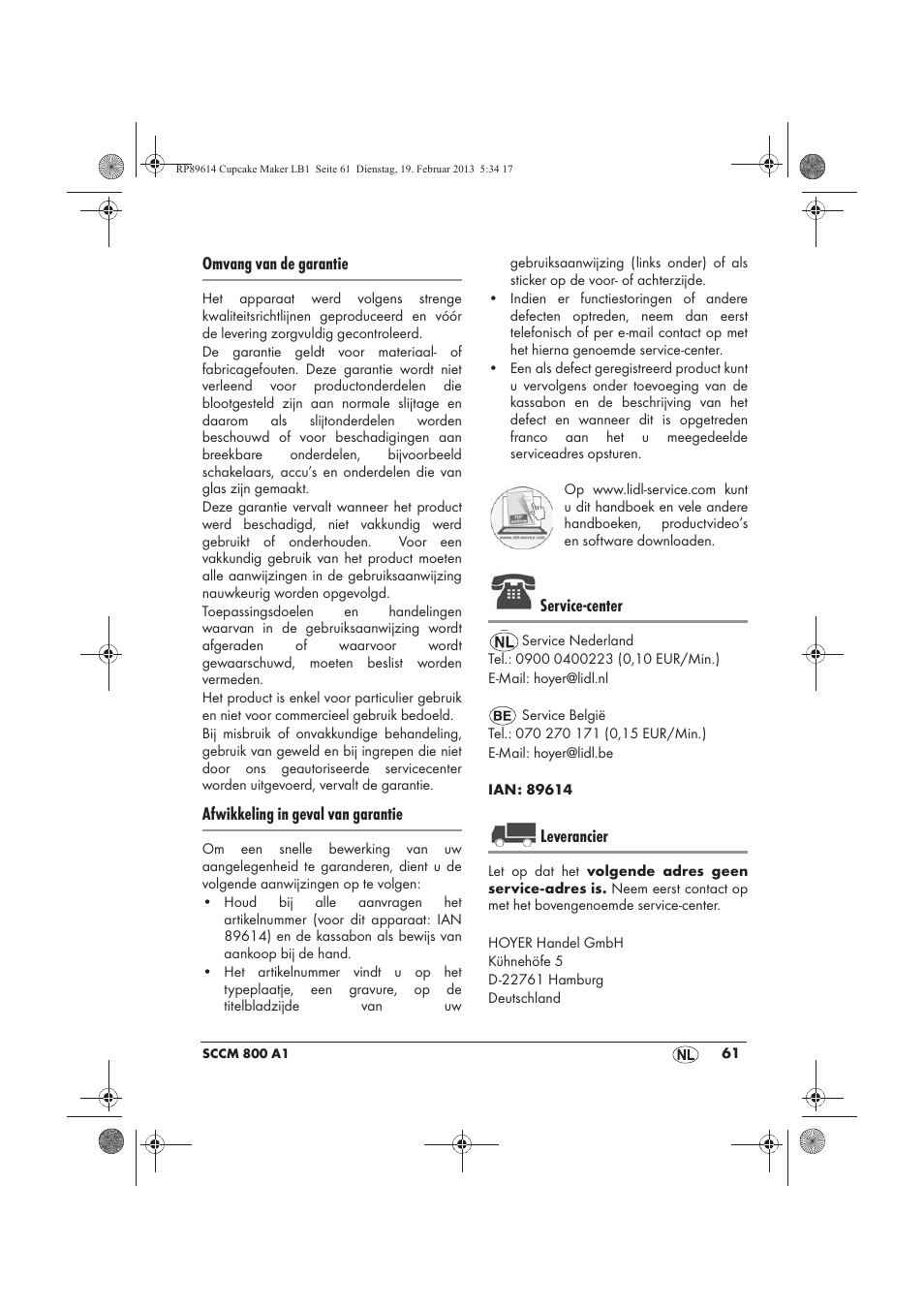 Omvang van de garantie, Afwikkeling in geval van garantie, Service-center | Leverancier | Silvercrest SCCM 800 A1 User Manual | Page 63 / 78