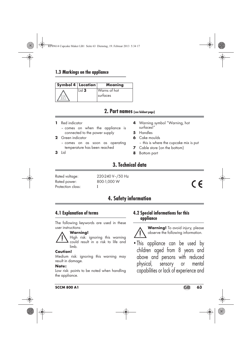 Part names, Technical data, Safety information | 3 markings on the appliance, 1 explanation of terms, 2 special informations for this appliance | Silvercrest SCCM 800 A1 User Manual | Page 65 / 78