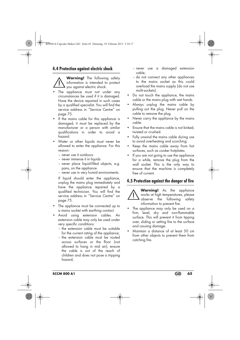 4 protection against electric shock, 5 protection against the danger of fire | Silvercrest SCCM 800 A1 User Manual | Page 67 / 78