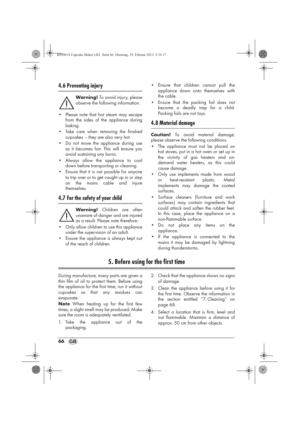 Before using for the first time, 6 preventing injury, 7 for the safety of your child | 8 material damage | Silvercrest SCCM 800 A1 User Manual | Page 68 / 78