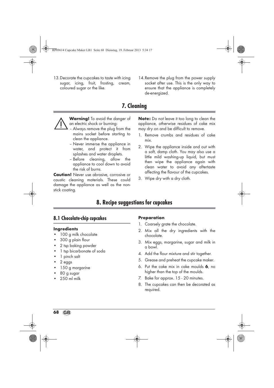 Cleaning, Recipe suggestions for cupcakes, 1 chocolate-chip cupcakes | Silvercrest SCCM 800 A1 User Manual | Page 70 / 78