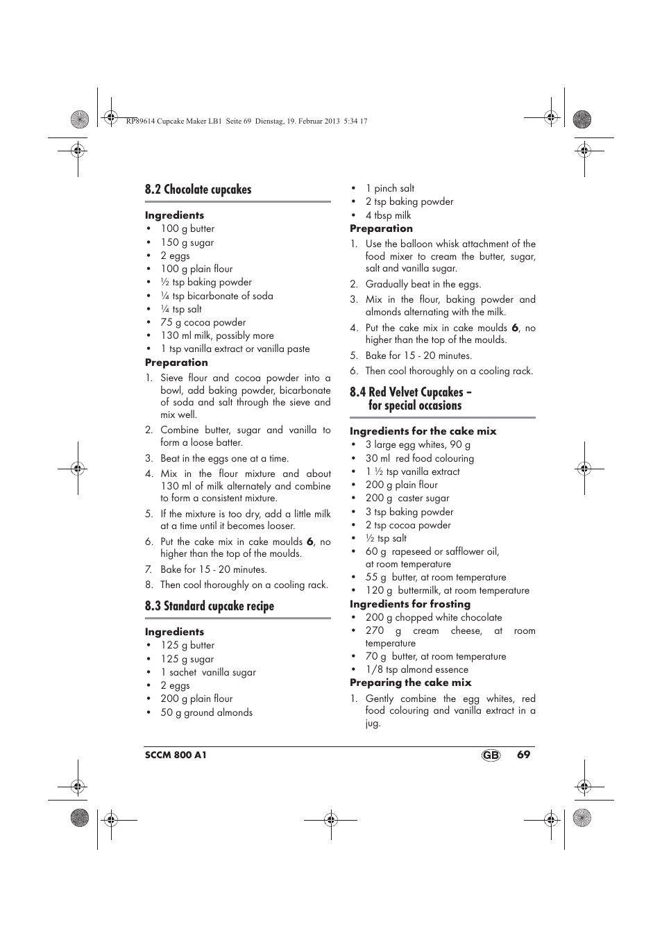 2 chocolate cupcakes, 3 standard cupcake recipe, 4 red velvet cupcakes – for special occasions | Silvercrest SCCM 800 A1 User Manual | Page 71 / 78