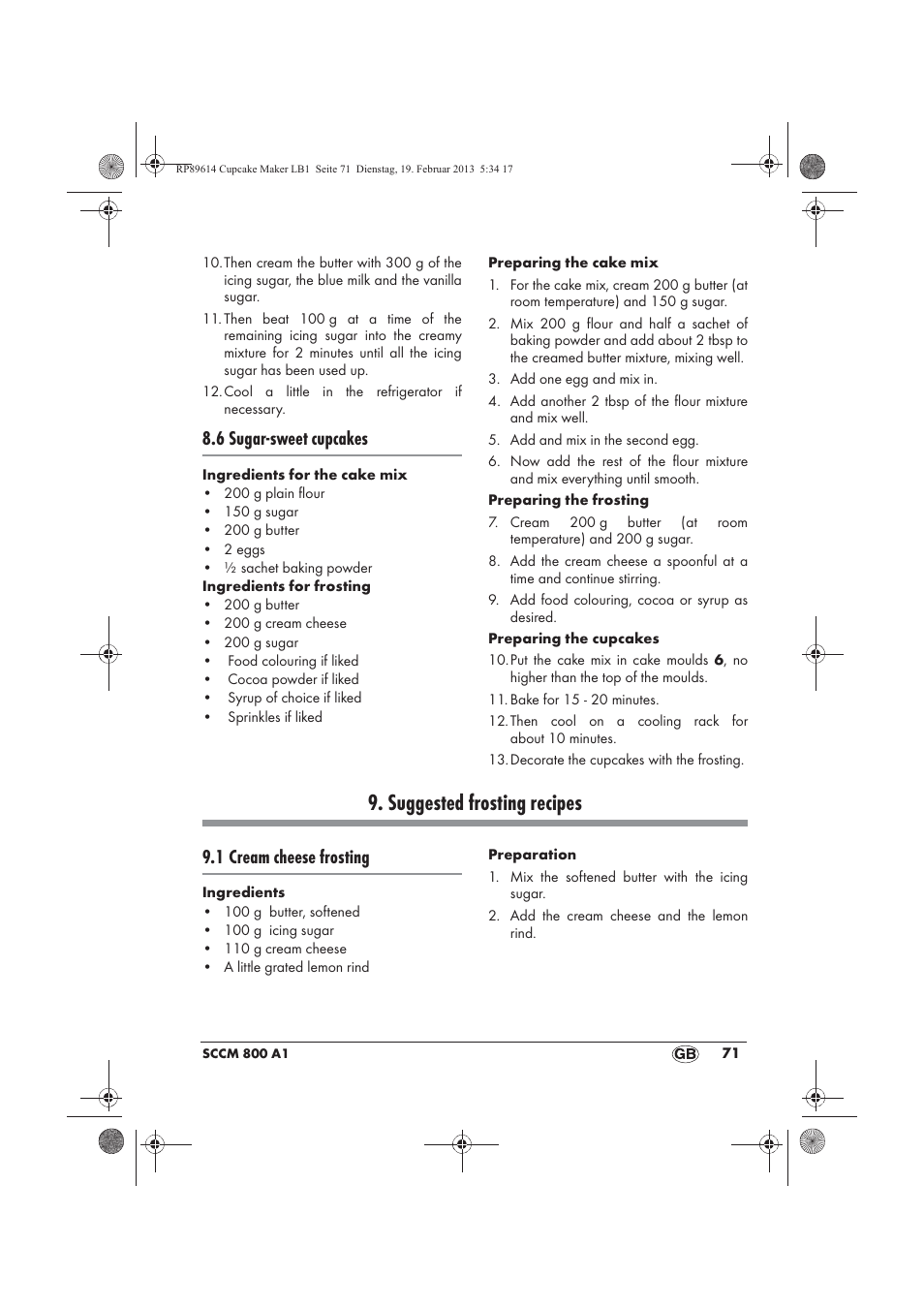 Suggested frosting recipes, 6 sugar-sweet cupcakes, 1 cream cheese frosting | Silvercrest SCCM 800 A1 User Manual | Page 73 / 78