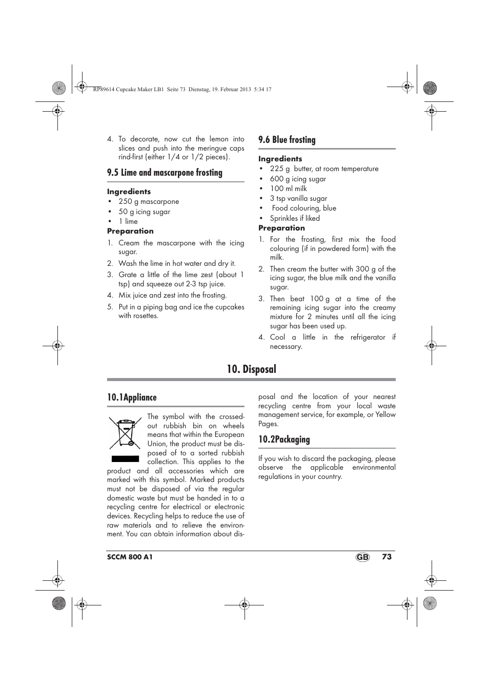 Disposal, 5 lime and mascarpone frosting, 6 blue frosting | 1appliance, 2packaging | Silvercrest SCCM 800 A1 User Manual | Page 75 / 78