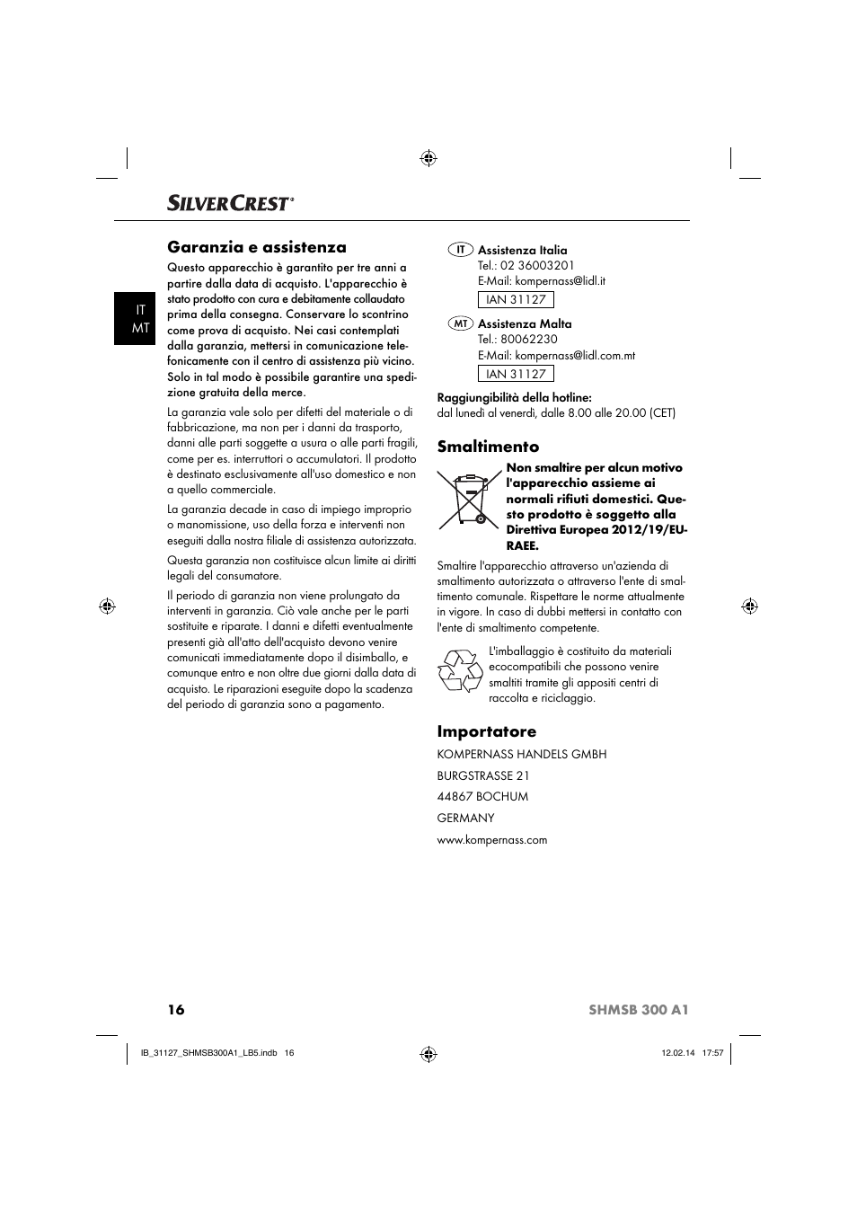 Garanzia e assistenza, Smaltimento, Importatore | Silvercrest SHMSB 300 A1 User Manual | Page 19 / 44