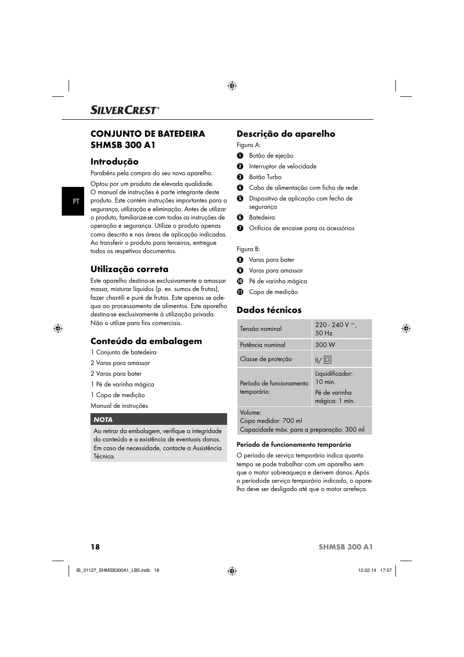 Conjunto de batedeira shmsb 300 a1 introdução, Utilização correta, Conteúdo da embalagem | Descrição do aparelho, Dados técnicos | Silvercrest SHMSB 300 A1 User Manual | Page 21 / 44