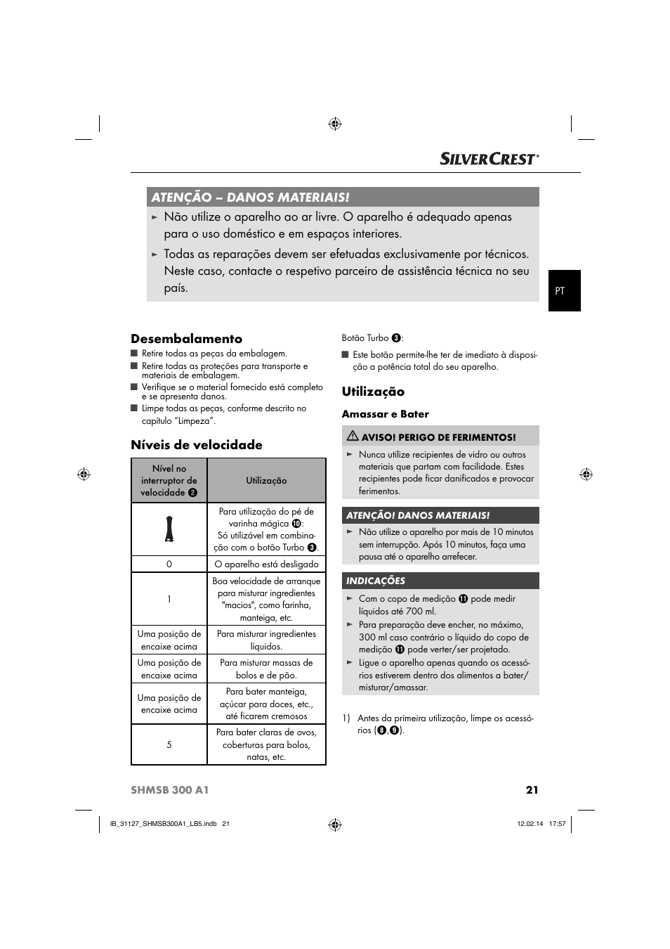 Atenção – danos materiais, Níveis de velocidade, Utilização | Silvercrest SHMSB 300 A1 User Manual | Page 24 / 44