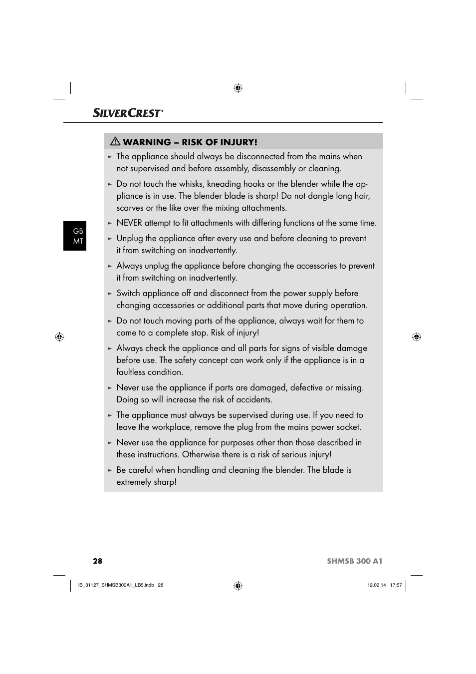 Warning – risk of injury | Silvercrest SHMSB 300 A1 User Manual | Page 31 / 44