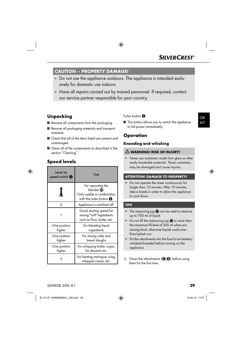 Caution – property damage, Speed levels, Operation | Silvercrest SHMSB 300 A1 User Manual | Page 32 / 44