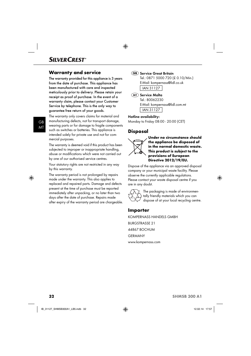 Warranty and service, Disposal, Importer | Silvercrest SHMSB 300 A1 User Manual | Page 35 / 44