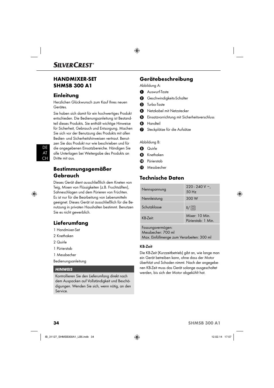 Handmixer-set shmsb 300 a1 einleitung, Bestimmungsgemäßer gebrauch, Lieferumfang | Gerätebeschreibung, Technische daten | Silvercrest SHMSB 300 A1 User Manual | Page 37 / 44