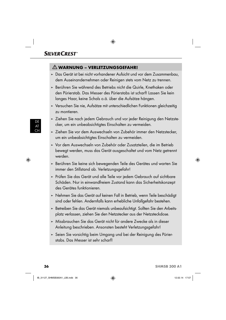 Warnung – verletzungsgefahr | Silvercrest SHMSB 300 A1 User Manual | Page 39 / 44