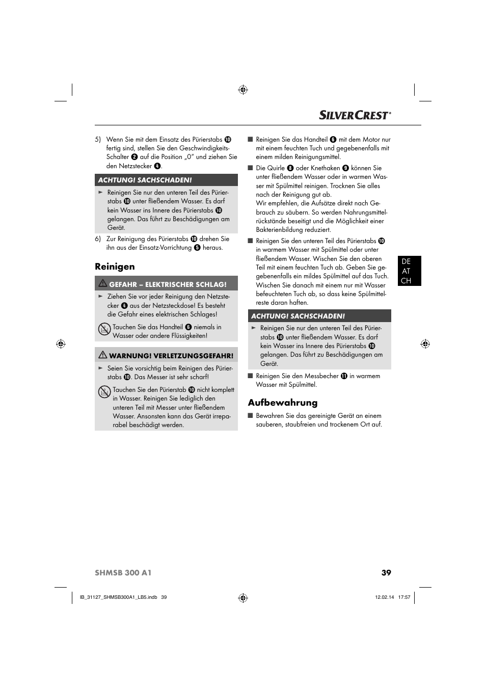 Reinigen, Aufbewahrung | Silvercrest SHMSB 300 A1 User Manual | Page 42 / 44