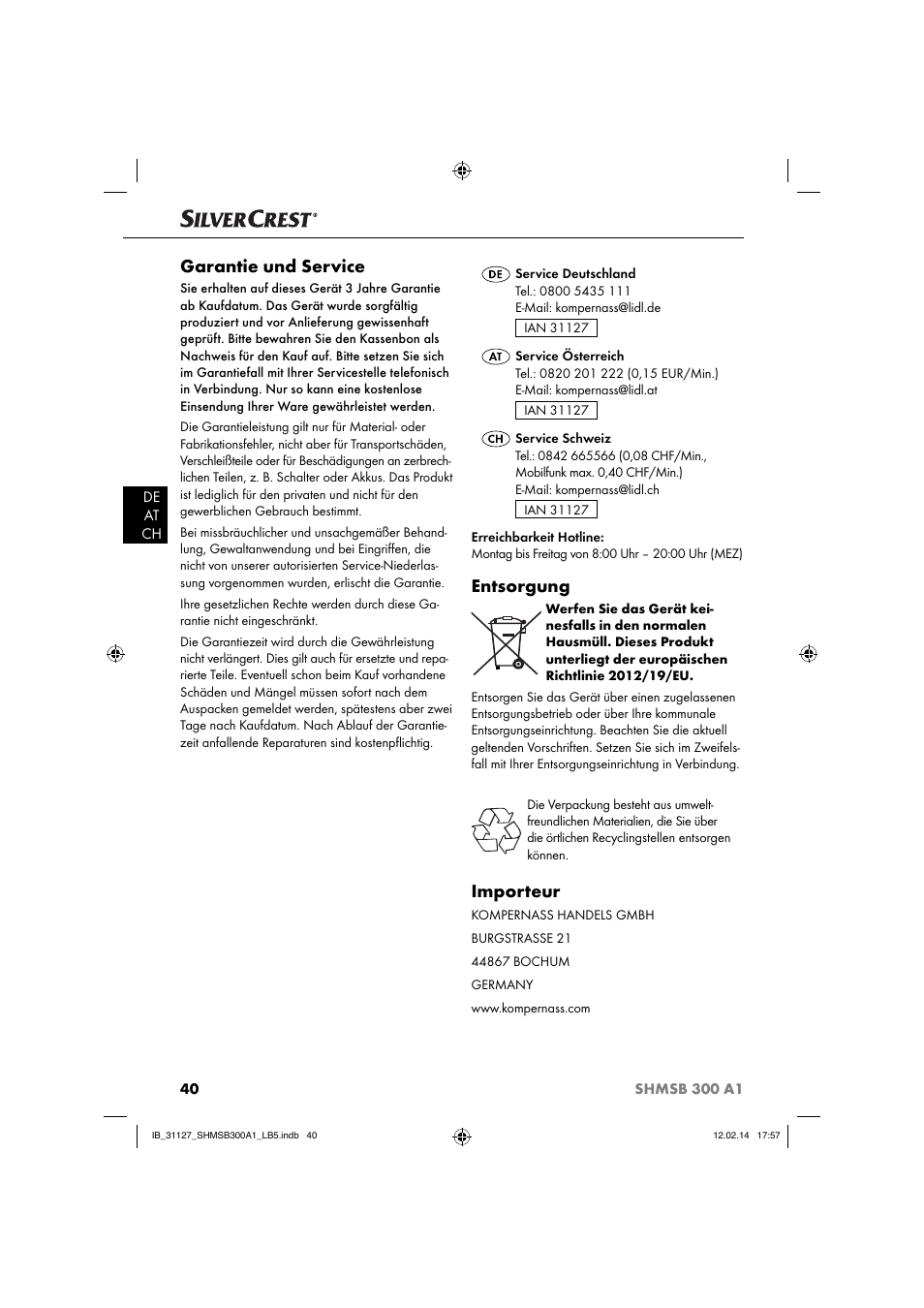 Garantie und service, Entsorgung, Importeur | Silvercrest SHMSB 300 A1 User Manual | Page 43 / 44